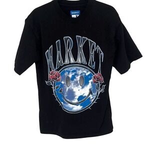 Market Mens Black Smiley Face Reflect Graphic T-Shirt Size Medium